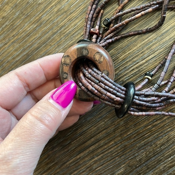Handmade multistrand polished Wood necklace 16” - Picture 3 of 10